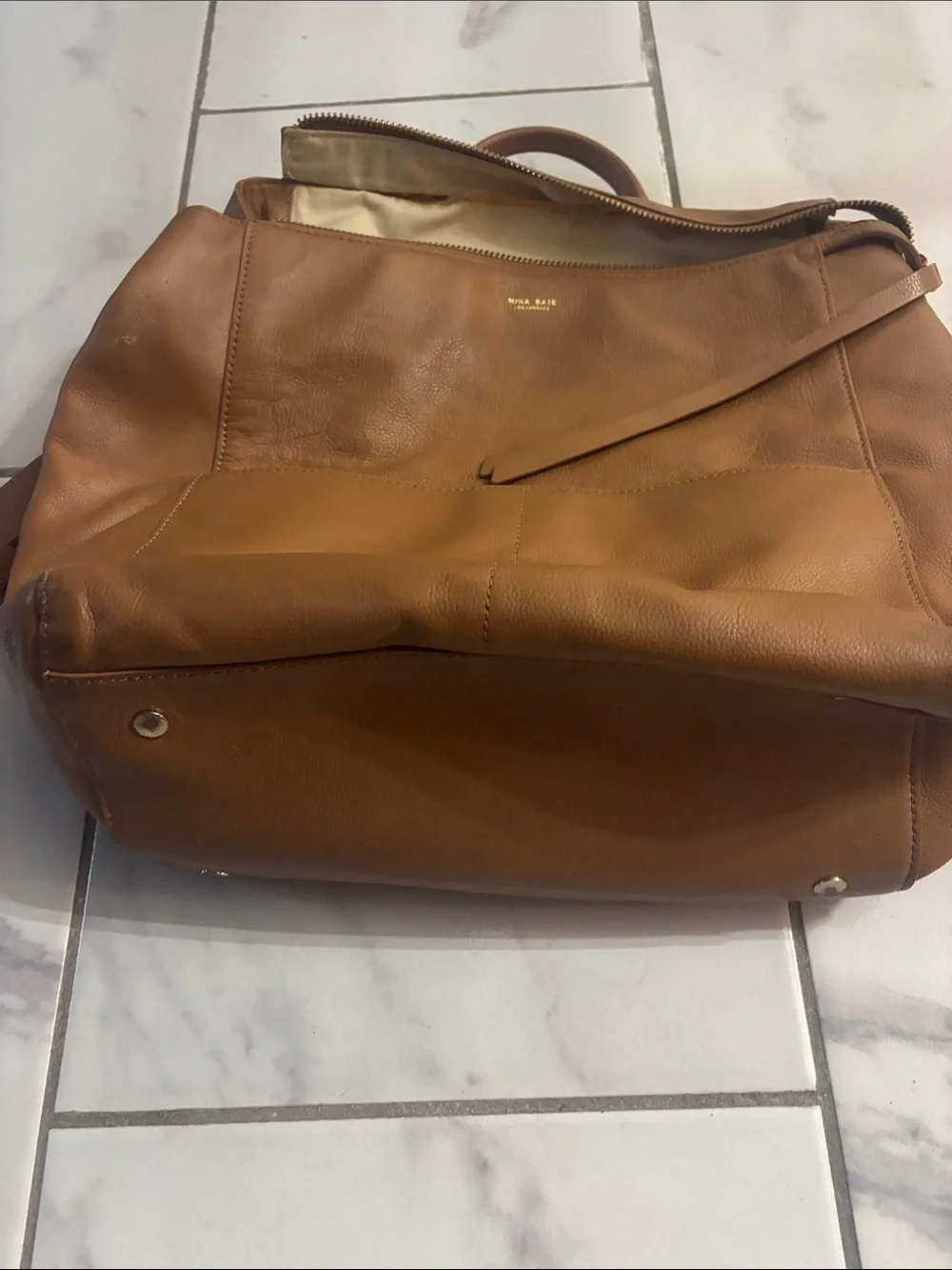 Mina Baie Cognac Leather Baby Backpack Diaper Bag